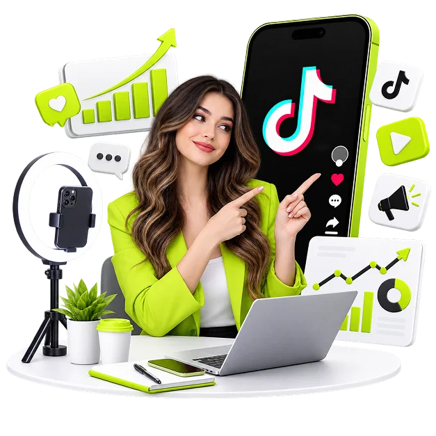 TikTok Marketing Services for Ecommerce - a creator at a laptop pointing to a phone showing the TikTok logo