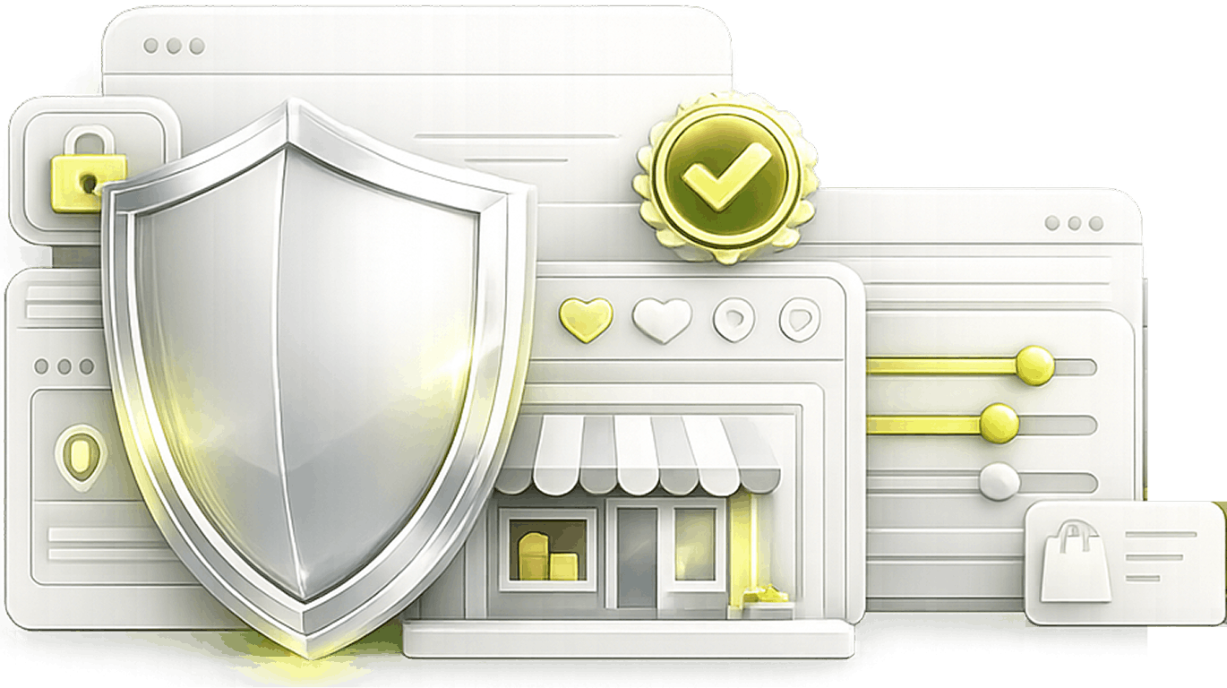 Account Health Management Service - a protective shield and compliance badge in front of seller dashboards