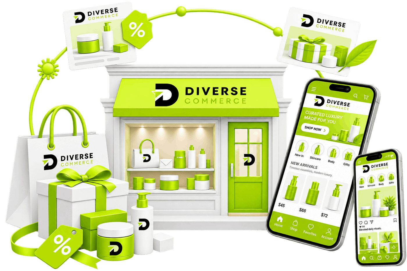 Branded Shopfront and Mobile Store Ecommerce Branding and Marketing Services - a branded boutique shopfront with a lit product display, branded bags