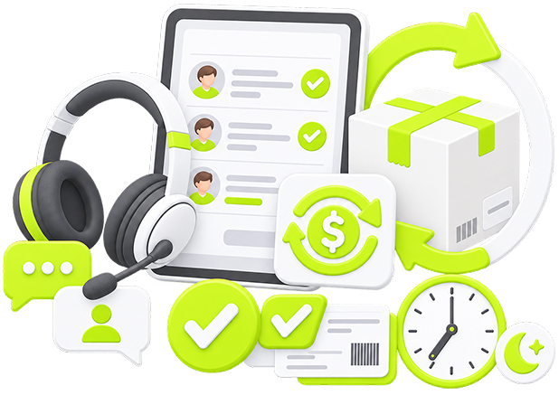 Ecommerce Customer Service Outsourcing - a support headset and chat bubbles beside a resolved ticket queue