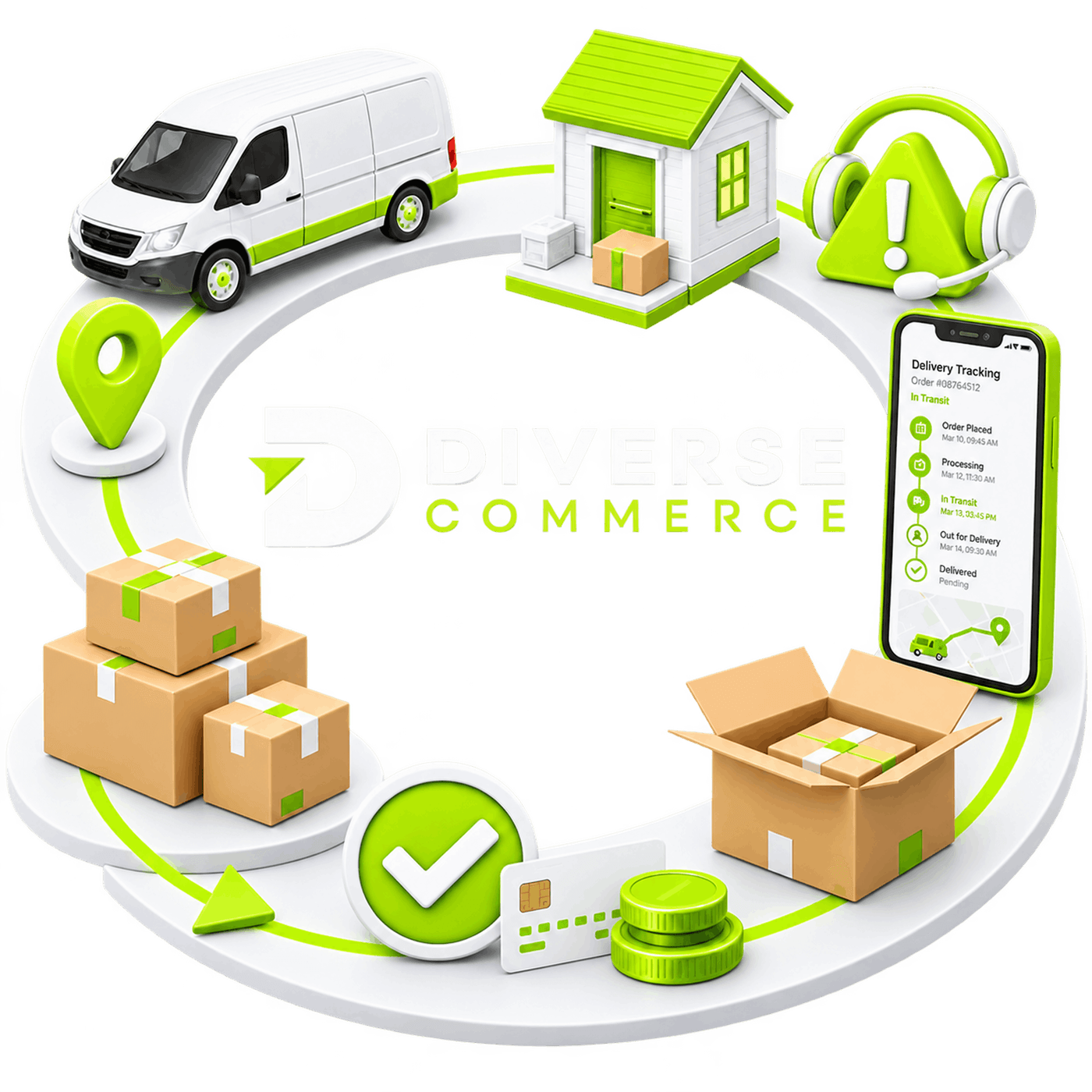 Ecommerce Returns and Delivery Management - a delivery van, a doorstep drop-off and an issue alert around one track