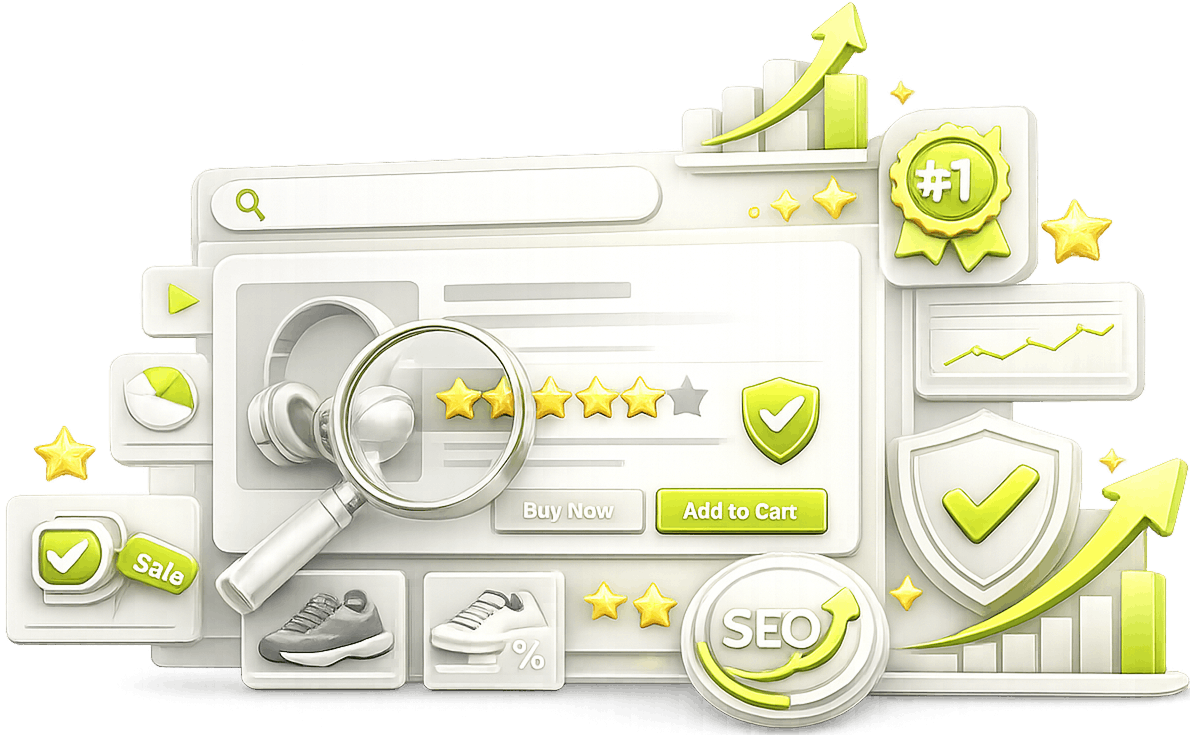 Product Listing Optimisation Services - a search bar, a product page with ratings and buy buttons, and a rising ranking chart