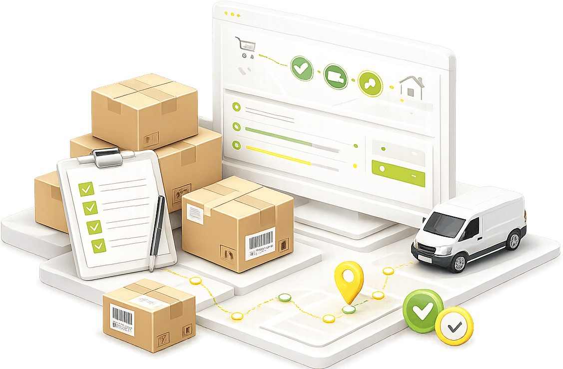 Picking Checklist and Tracking | Ecommerce Order Fulfilment Services Ecommerce Order Fulfilment Services - parcels and a picking checklist beside a tracking dashboard showing an order moving