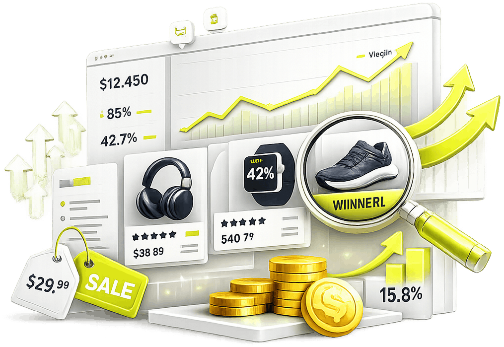 Ecommerce Product Research Services - a margin trend chart, candidate products under a magnifier