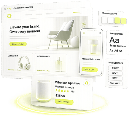 Ecommerce Store Building Services - a desktop store design with a brand palette, type scale and marketplace list