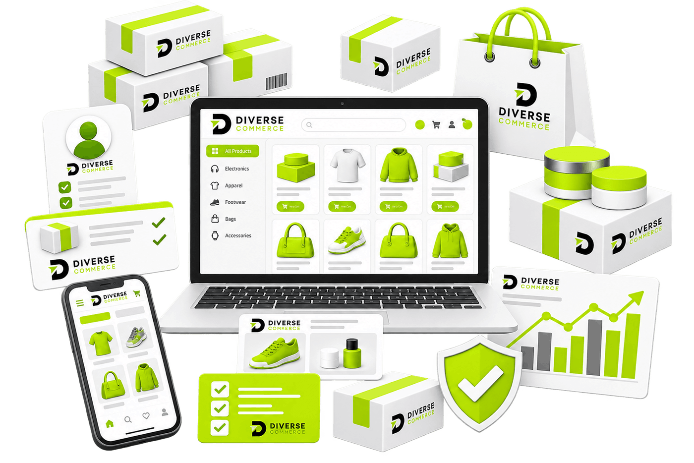 Store Built and Run as One | Online Store Management Service Online Store Management Service - a laptop showing a product grid, with a mobile storefront, a customer record