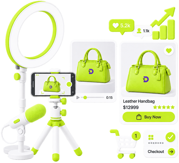 Product Video Setup | Ecommerce Store Promotion Ecommerce Store Promotion - a ring light, phone on a tripod and microphone shooting a handbag