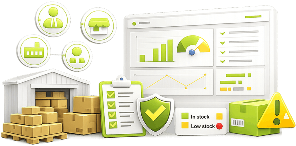 Supplier Sourcing Service - a warehouse and pallets, a supplier network, a stock dashboard and a delayed-shipment alert