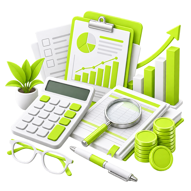 Ecommerce Side Business for Accountants - a calculator, ledgers, a pie chart and stacked coins arranged