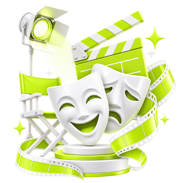Ecommerce Side Income for Actors - comedy and tragedy masks on a plinth, with a clapperboard, film reel
