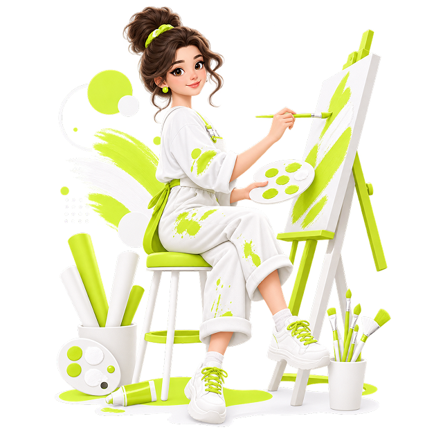 Ecommerce Store for Artists - an artist painting at an easel, surrounded by brushes, palettes and paint tubes