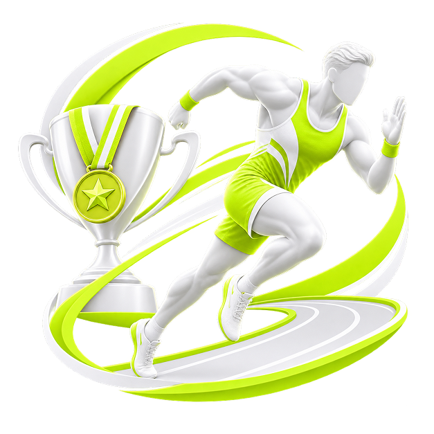 Athlete Merchandise Store - a sprinter mid-stride on a curving track beside a trophy and a starred medal