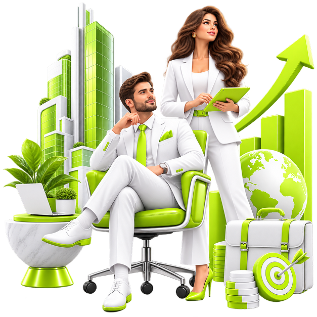 Add Ecommerce to your Existing Business - two business owners in front of a city skyline, a rising bar chart