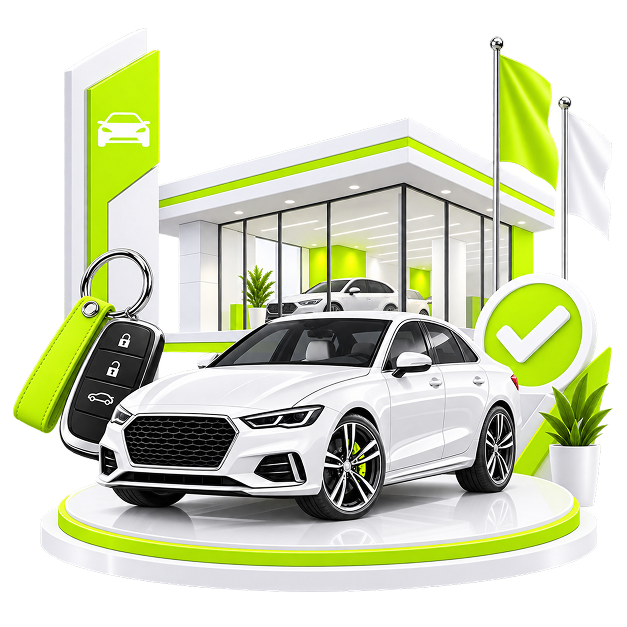 Additional Income for Car Dealerships - a car on a display plinth outside a glass showroom