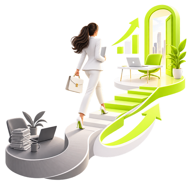 Start an Online Business While Working Full Time - a professional walking up a staircase from a grey desk toward a bright new