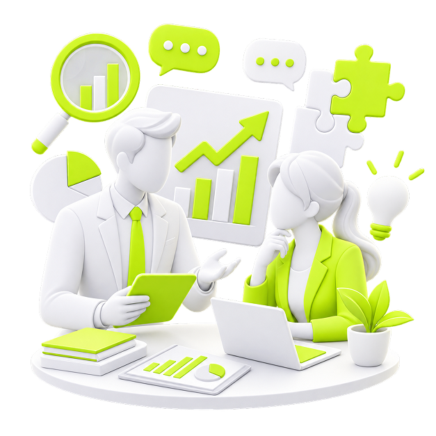 Passive Ecommerce Income for Consultants - two consultants reviewing a rising chart, with a magnifier