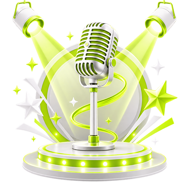 Merch Store for Entertainers - a vintage microphone on a lit stage plinth between two spotlights, with stars around it