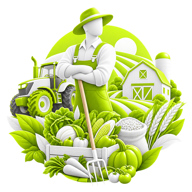 Sell Farm Products Online - a farmer with a pitchfork in front of a barn and tractor