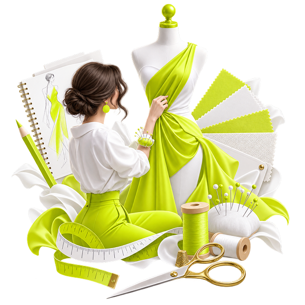 Sell Fashion Designs Online - a designer draping fabric on a dress form, with sketches, thread, pins