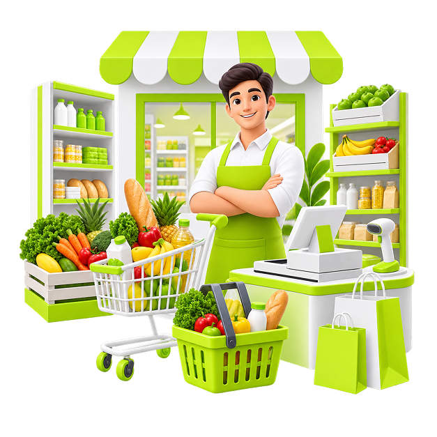 Take your Grocery Store Online - a shopkeeper in an apron outside a store front, with stocked shelves