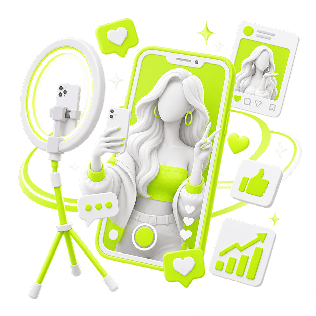 Ecommerce for Influencers - a creator filming on a phone at a ring light, surrounded by like, comment and analytics cards