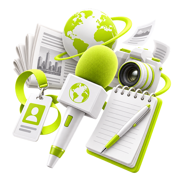 Ecommerce Side Income for Journalists - a press microphone, notepad, camera, press pass, newspaper and globe