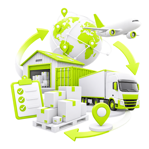 Ecommerce for Logistics Professionals - a lorry, warehouse, shipping container, pallet of boxes