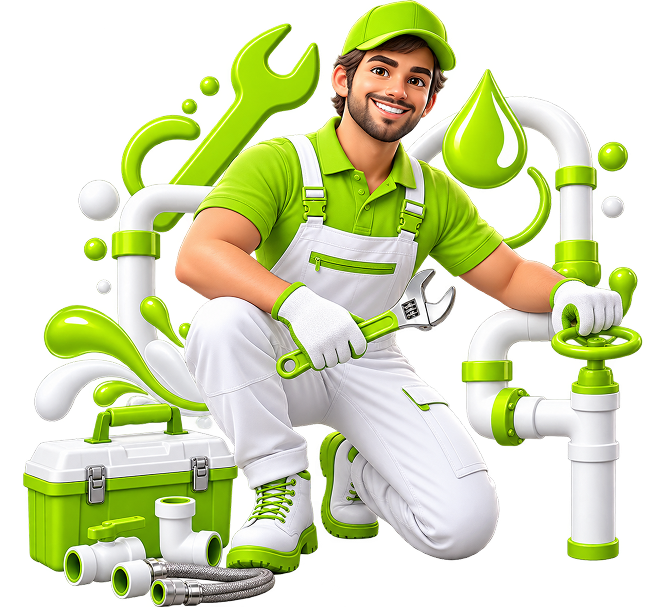 Ecommerce Side Business for Plumbers - a plumber holding a wrench and kneeling among pipework, fittings and a toolbox