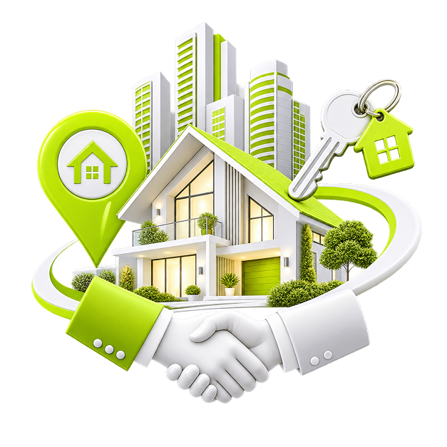Passive Income for Realtors - a handshake in front of a house and a city skyline, with a house-shaped map pin