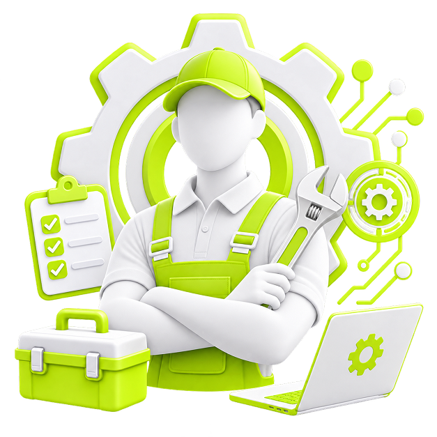 Ecommerce Side Income for Technicians - a technician holding a spanner in front of a gear, with a toolbox