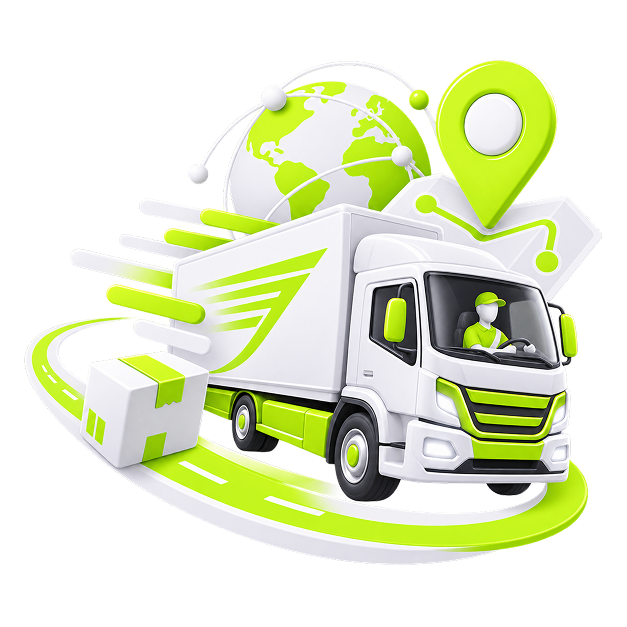 Side Business for Truck Drivers - a delivery lorry on a curving road with a globe, a route pin and a parcel
