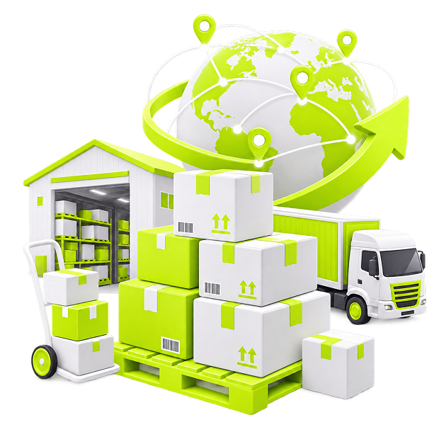 Wholesale to Ecommerce - a pallet of stacked cartons between a warehouse and a lorry, with a globe and trade routes above