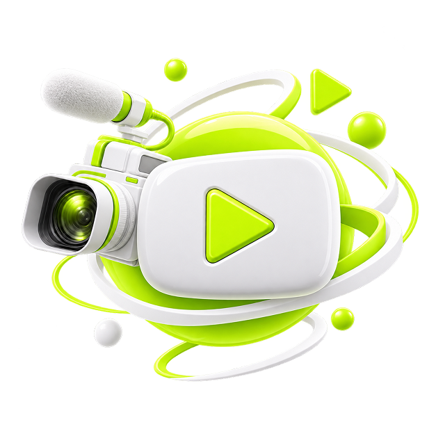 Youtuber Merch Store - a video camera beside a large play button, circled by orbiting rings