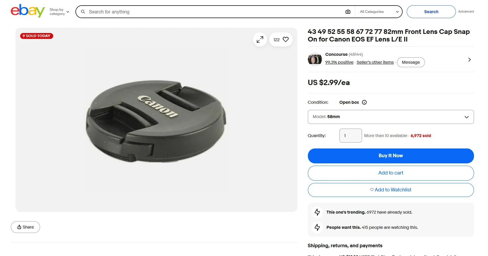 eBay Store Development - an eBay product page with a lens cap photograph, seller rating, price, condition