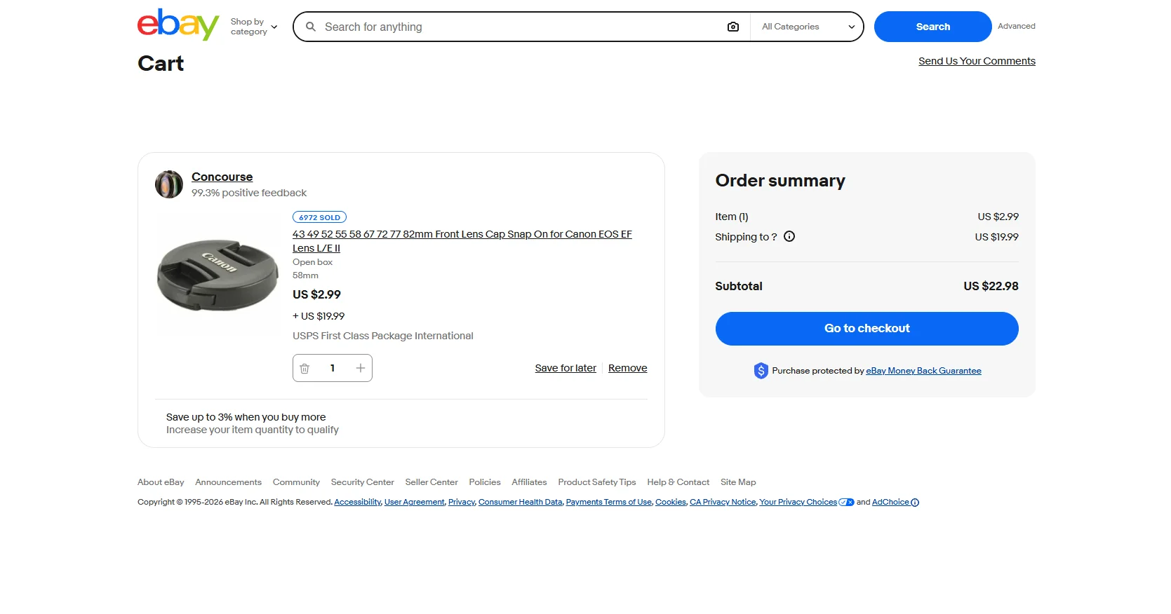 eBay Store Development - an eBay cart page with the item, seller, options, price and shipping beside an order summary