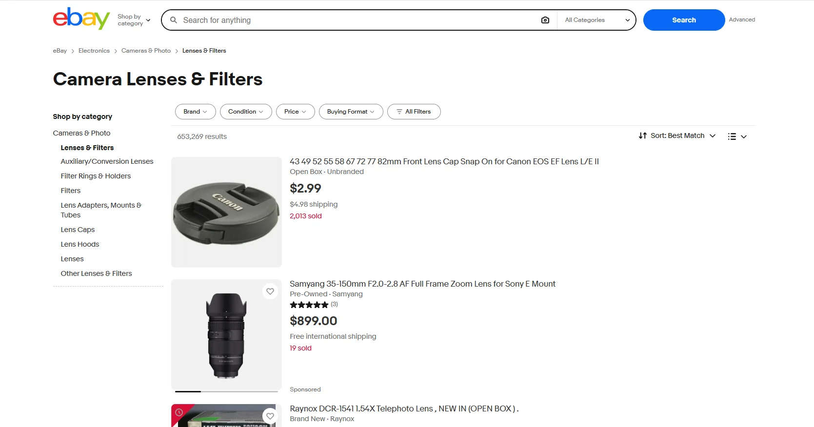 eBay Store Development - an eBay search results page for camera lenses with a category sidebar