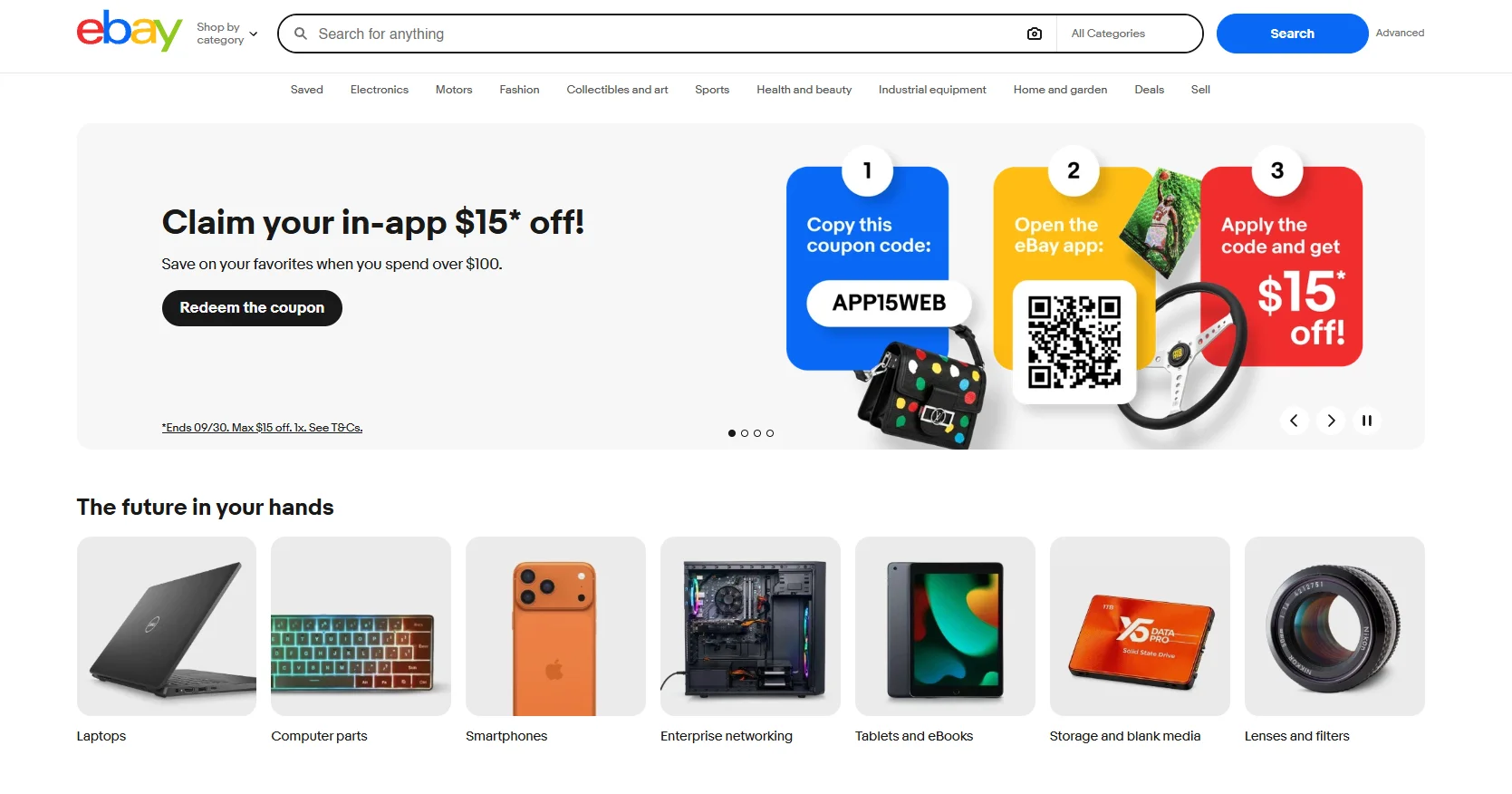 eBay Store Development - the eBay homepage with a search bar, category navigation, a promotional banner and category tiles