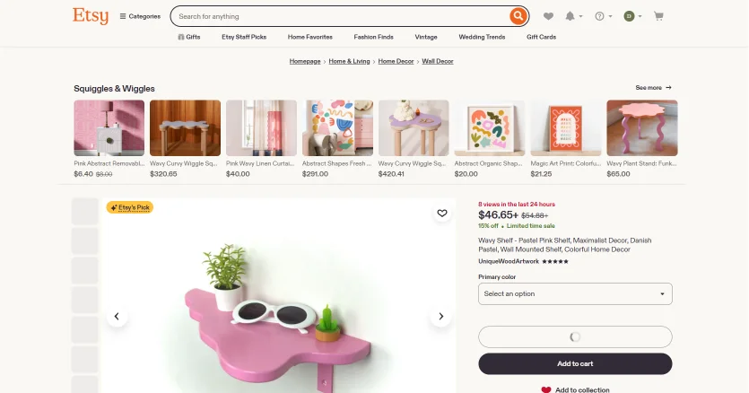 Etsy Store Development - an Etsy listing page with a product photograph, thumbnails, price, sale badge