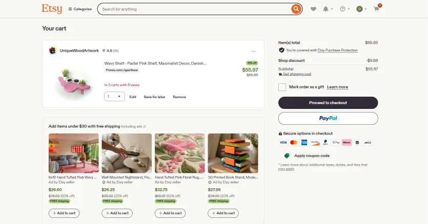 Etsy Store Development - an Etsy cart page with the item, seller, options and price beside a summary