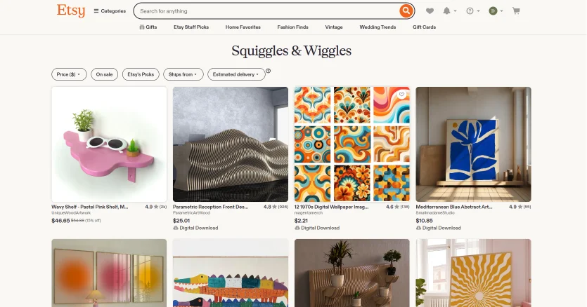 Etsy Store Development - an Etsy results page with price, sale, delivery and shipping filters above a grid of products