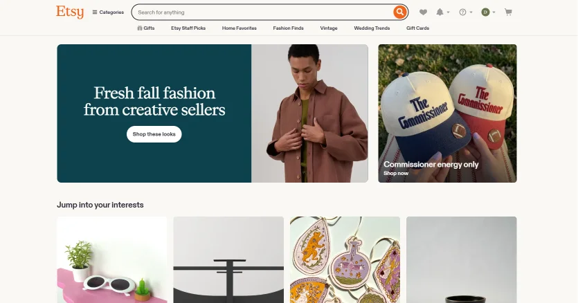 Etsy Store Development - the Etsy homepage with a search bar, category navigation