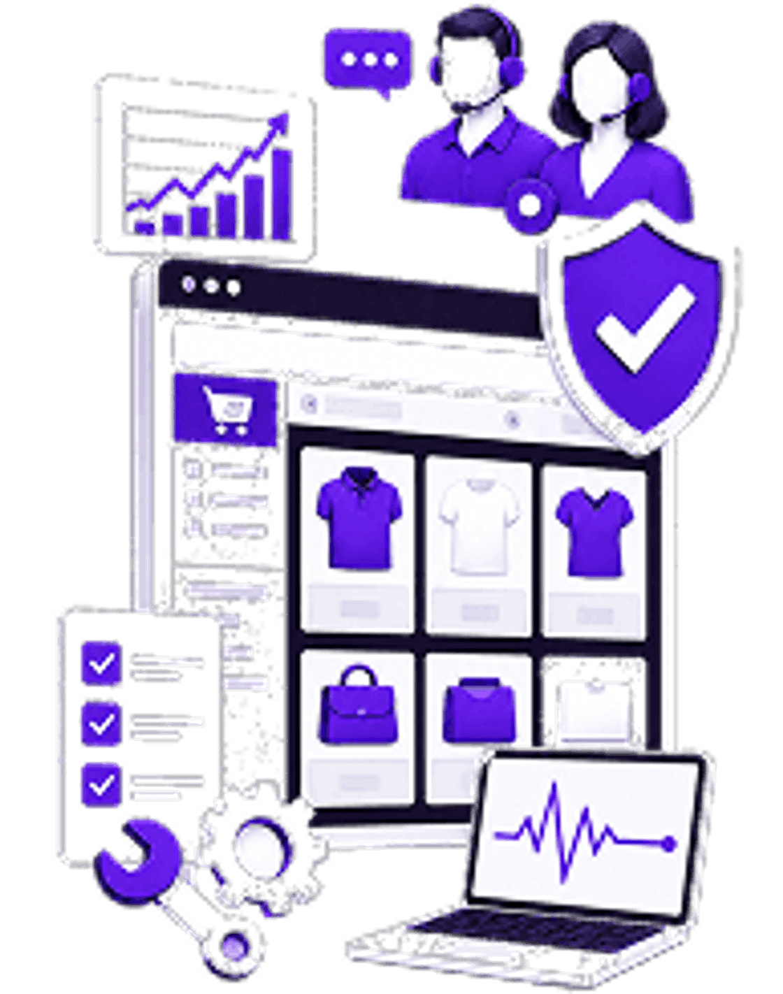 Account Health Management Service - product listings on screen beside a performance chart, a compliance checklist
