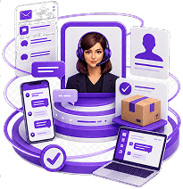 Ecommerce Customer Service Outsourcing - an agent on screen surrounded by message threads, an email queue, a customer record
