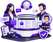 Ecommerce Customer Service Outsourcing - two agents either side of a queue of open conversations, a returns checklist