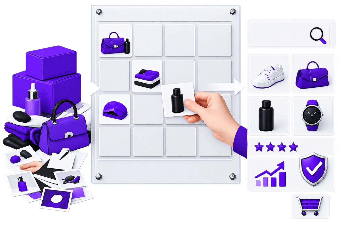 Product Listing Optimisation Services - unpacked stock and loose product photographs placed into a structured grid