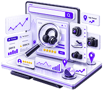Ecommerce Product Research Services - a marketplace search, a product page under a magnifier