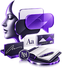 Ecommerce Store Building Services - speech bubbles, a type sample, a logo mark, a business card and a notebook