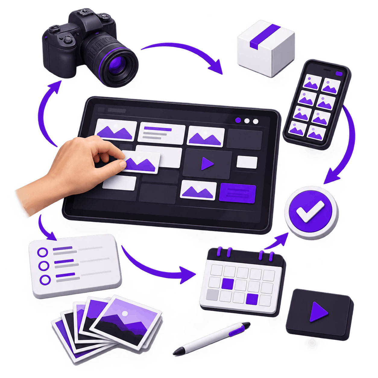 Content Cycle Around a Tablet | Ecommerce Store Promotion Ecommerce Store Promotion - a camera, product samples, a phone, a shot list, photographs