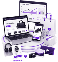 Ecommerce Store Promotion - a product page on a laptop beside a performance dashboard, a product video on a phone