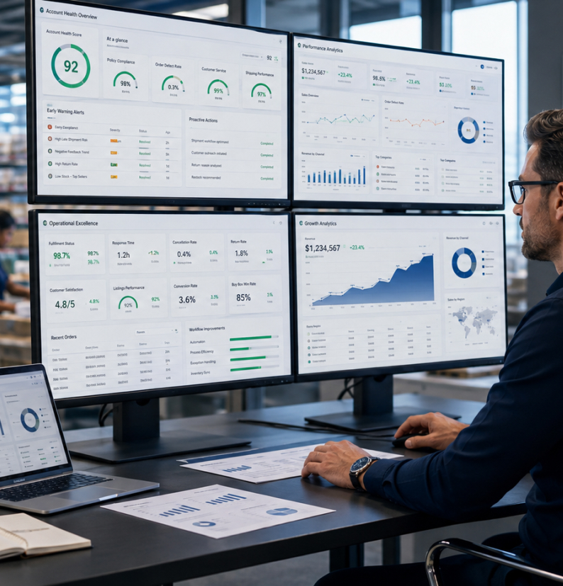 Account Health Management Service - four screens showing an account health score, policy compliance